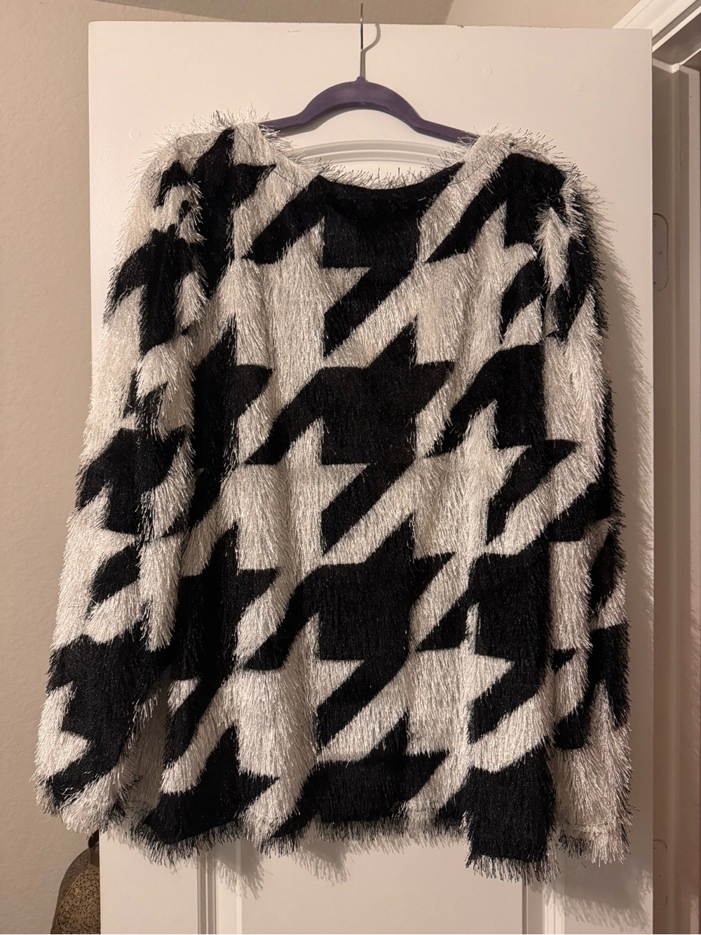 Ashley Stewart Black & White Houndstooth Fuzzy Sweater Tunic